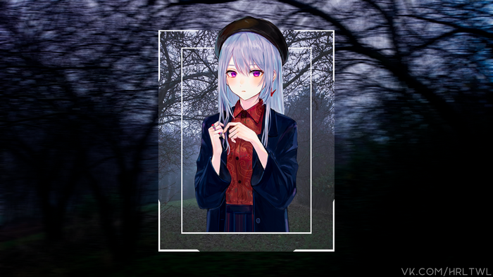 Anime girl with pink eyes wearing a hat