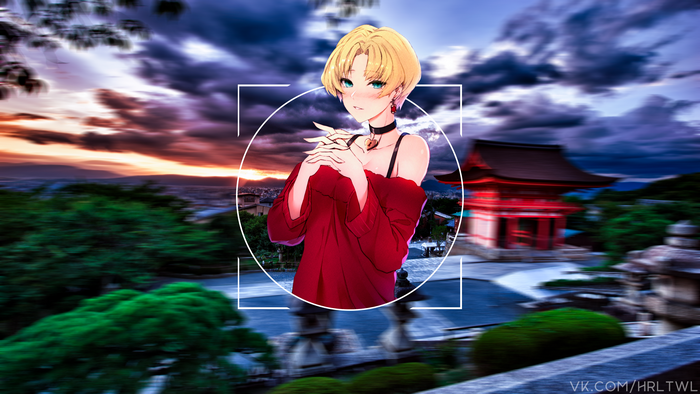 Anime girl in red top with Kyoto temple background