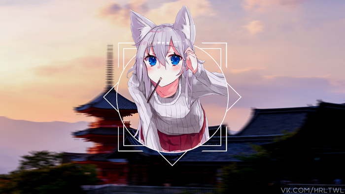 Anime girl with animal ears eating a snack