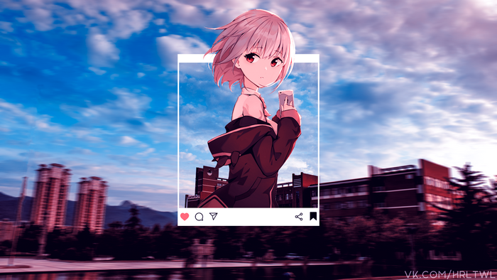 Anime girl with pink hair and red eyes in a picture-in-picture frame