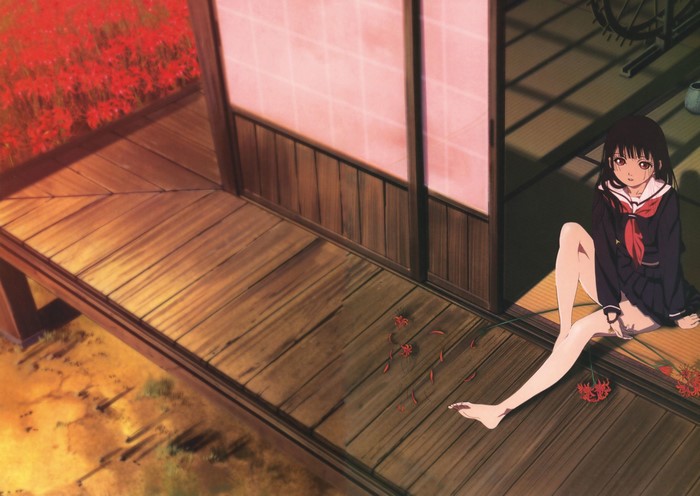 Enma Ai from Jigoku Shoujo sitting on a porch