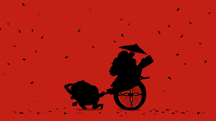 Silhouette of a rickshaw driver and passenger with falling petals