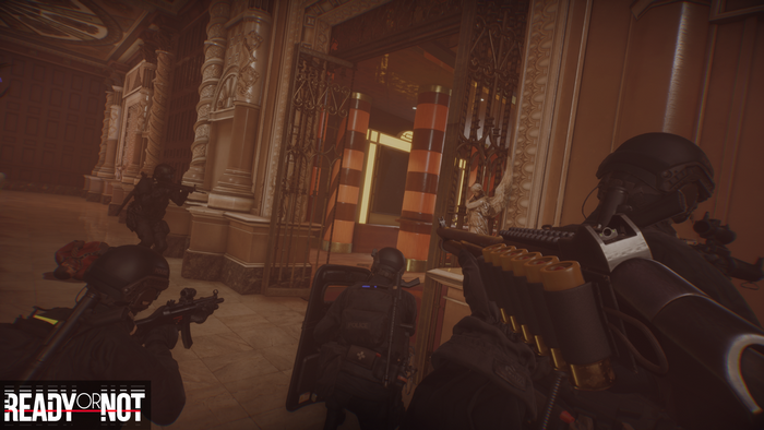 Ready or Not SWAT team in ornate building