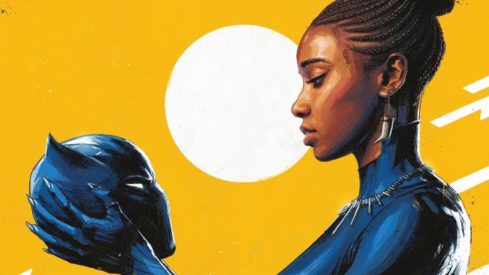 Shuri holding Black Panther mask from Marvel Comics