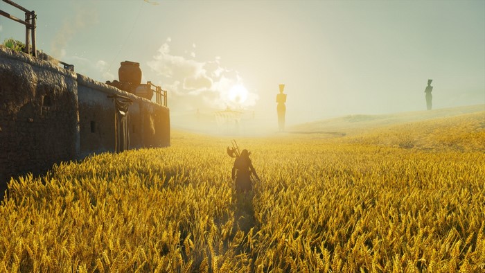 Bayek from Assassin's Creed Origins in a wheat field