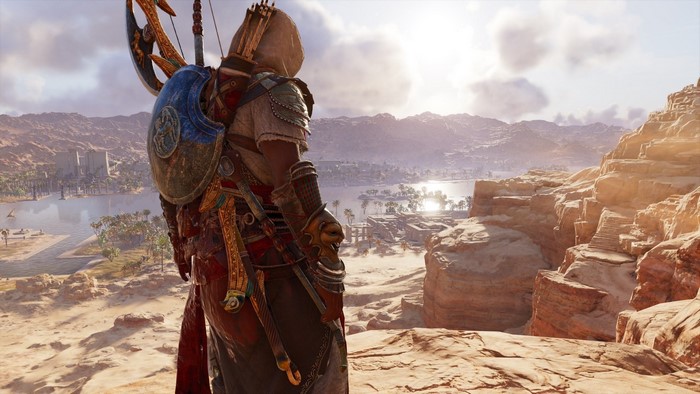 Bayek from Assassin's Creed Origins overlooking a landscape
