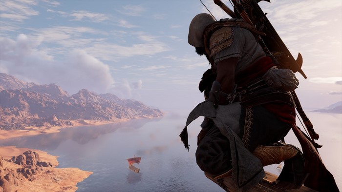 Bayek from Assassin's Creed Origins overlooking a body of water