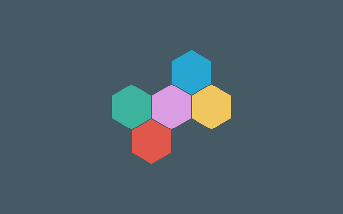 Colorful hexagons arranged in a cluster on a dark background