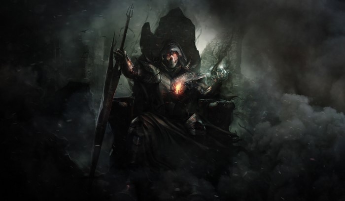 Dark fantasy artwork of a demon king on a throne