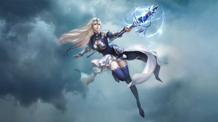 Fantasy girl with blonde hair holding a magic staff in the sky