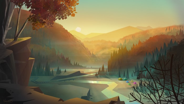 Digital art landscape of a valley at sunset with tents
