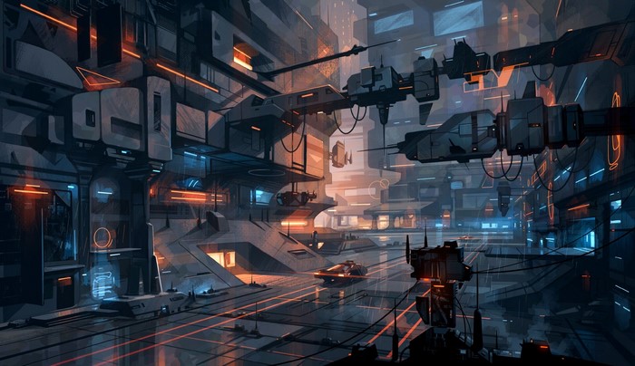 Futuristic city with flying vehicles and neon lights
