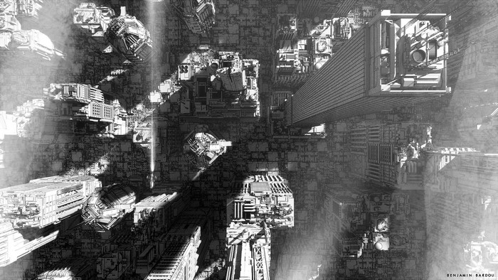 Monochrome futuristic city from a bird's eye view