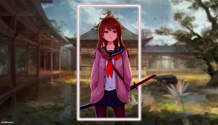 Anime girl with sword in traditional Japanese setting