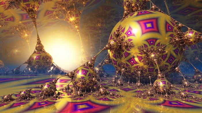 3D fractal landscape with golden spheres and geometric patterns
