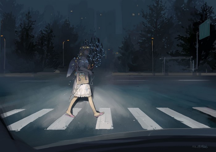 Anime girl with wings and lights crosses street at night