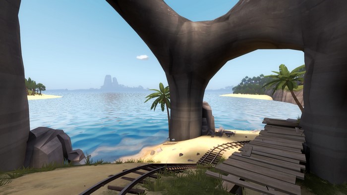 Team Fortress 2 beach with palm trees and train tracks