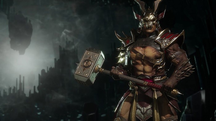 Shao Kahn from Mortal Kombat 11 holding a hammer