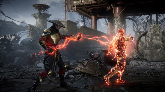 Raiden from Mortal Kombat 11 fighting Scorpion