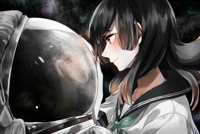 Girl in sailor uniform looking at astronaut helmet in space