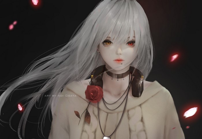 Anime girl with white hair and headphones
