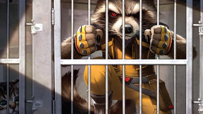 Rocket Raccoon from Guardians of the Galaxy in a cage