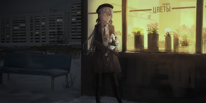 Anime girl with flowers and a gun in Russia