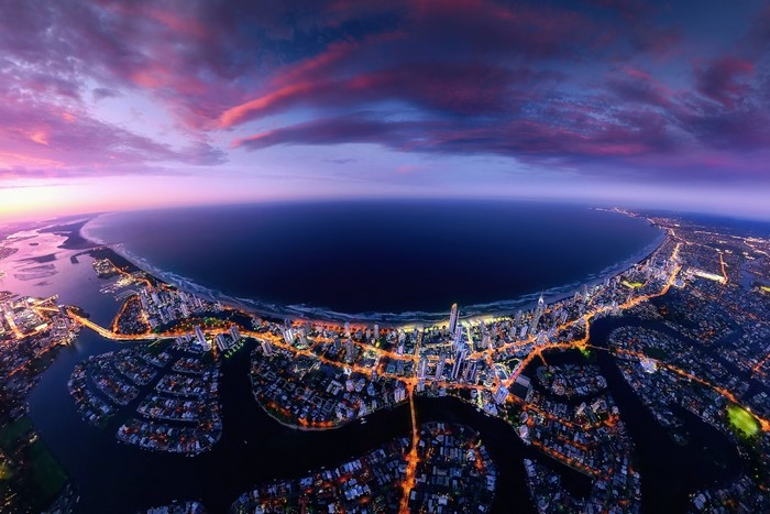 Aerial view of Gold Coast, Queensland, Australia at sunset