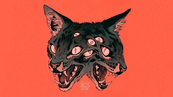 Multi-eyed black cat creature with open mouths