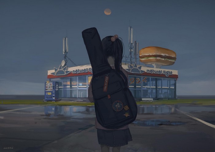 Anime girl with guitar at a gas station