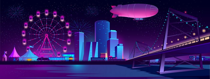 Carnival at night with a Zeppelin and bridge