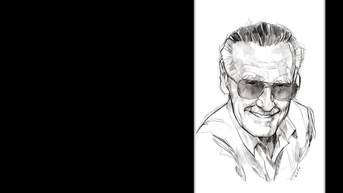 Monochrome drawing of Stan Lee from Marvel Comics