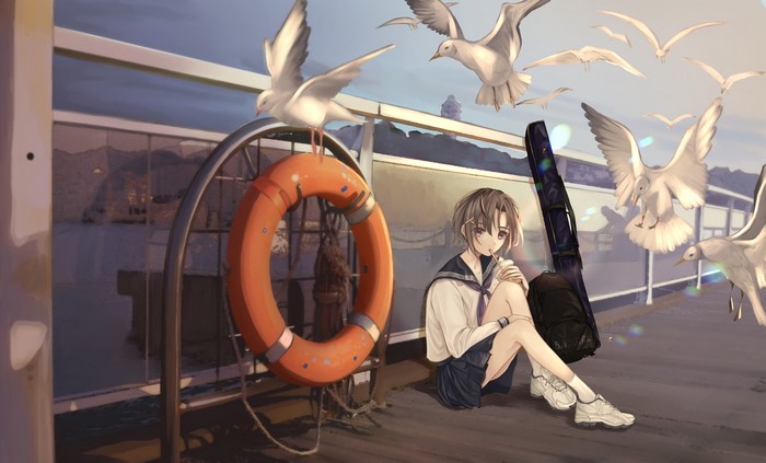 Anime schoolgirl with seagulls and life preserver