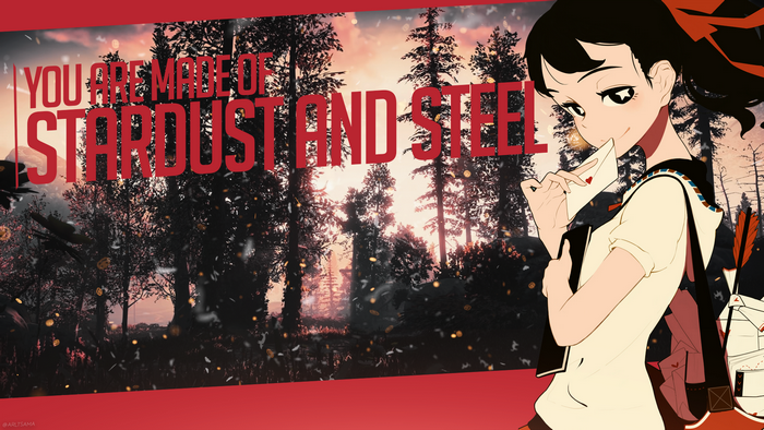 Anime girl with letter in forest with text