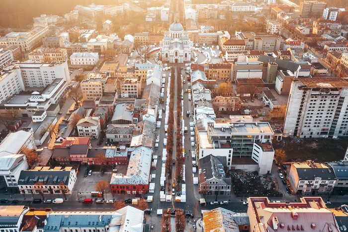 Aerial view of Kaunas, Lithuania cityscape with a large church
