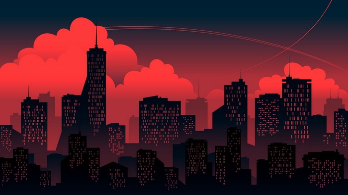 Cityscape with red clouds at dusk