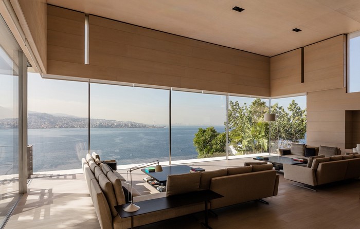 Modern living room with panoramic sea view