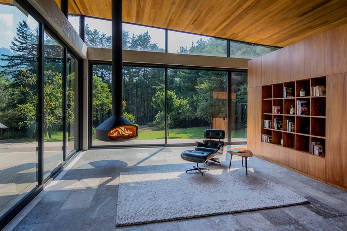 Modern living room with fireplace and bookshelf