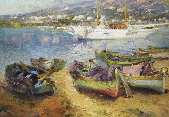 Painting of boats on a shore with a sailboat in the background