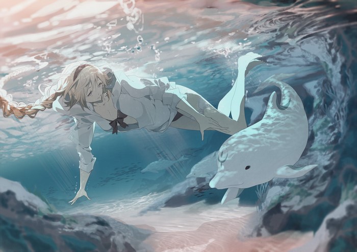 Jeanne d'Arc from Fate/Grand Order swimming with dolphins