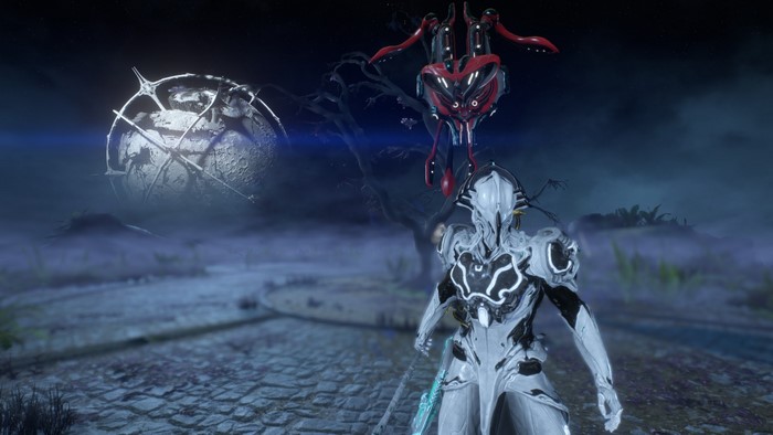 Volt from Warframe with a Grineer ship and a MOA