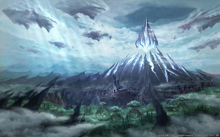 Fantasy landscape with glowing mountain and floating islands