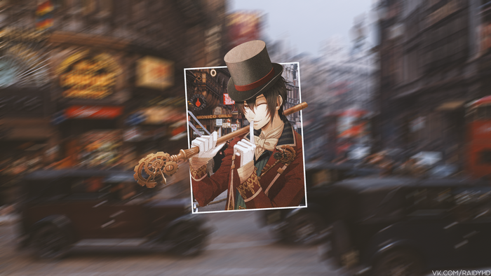 Anime boy with top hat and staff in steampunk city