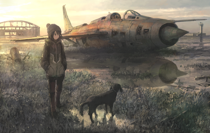 Anime girl and dog by abandoned airplane