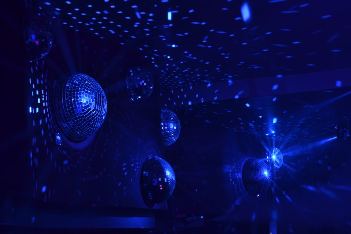 Blue disco balls with light reflections