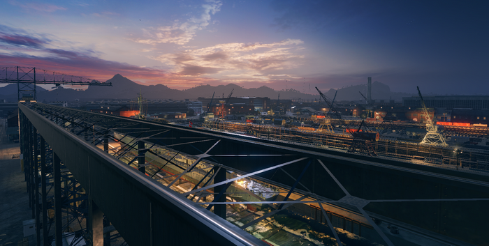 World of Warships PC gaming industrial port at dusk