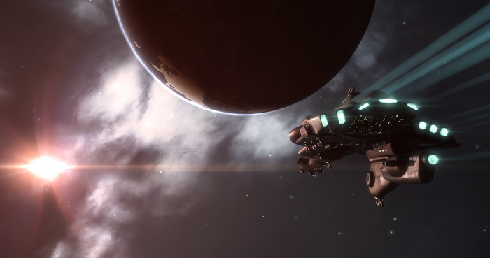 Spaceship near a planet in EVE Online