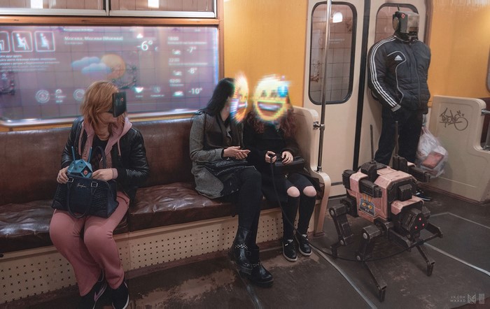 People and robot in a futuristic Moscow metro