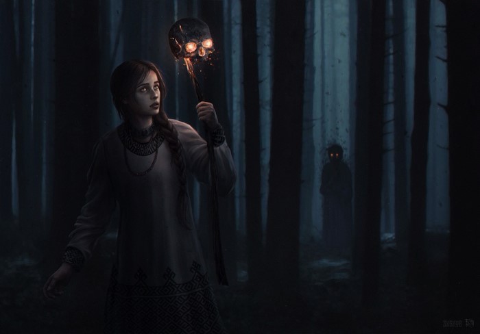Girl holding a flaming skull staff in a dark forest