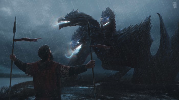 Man with spear facing a three-headed dragon in the rain